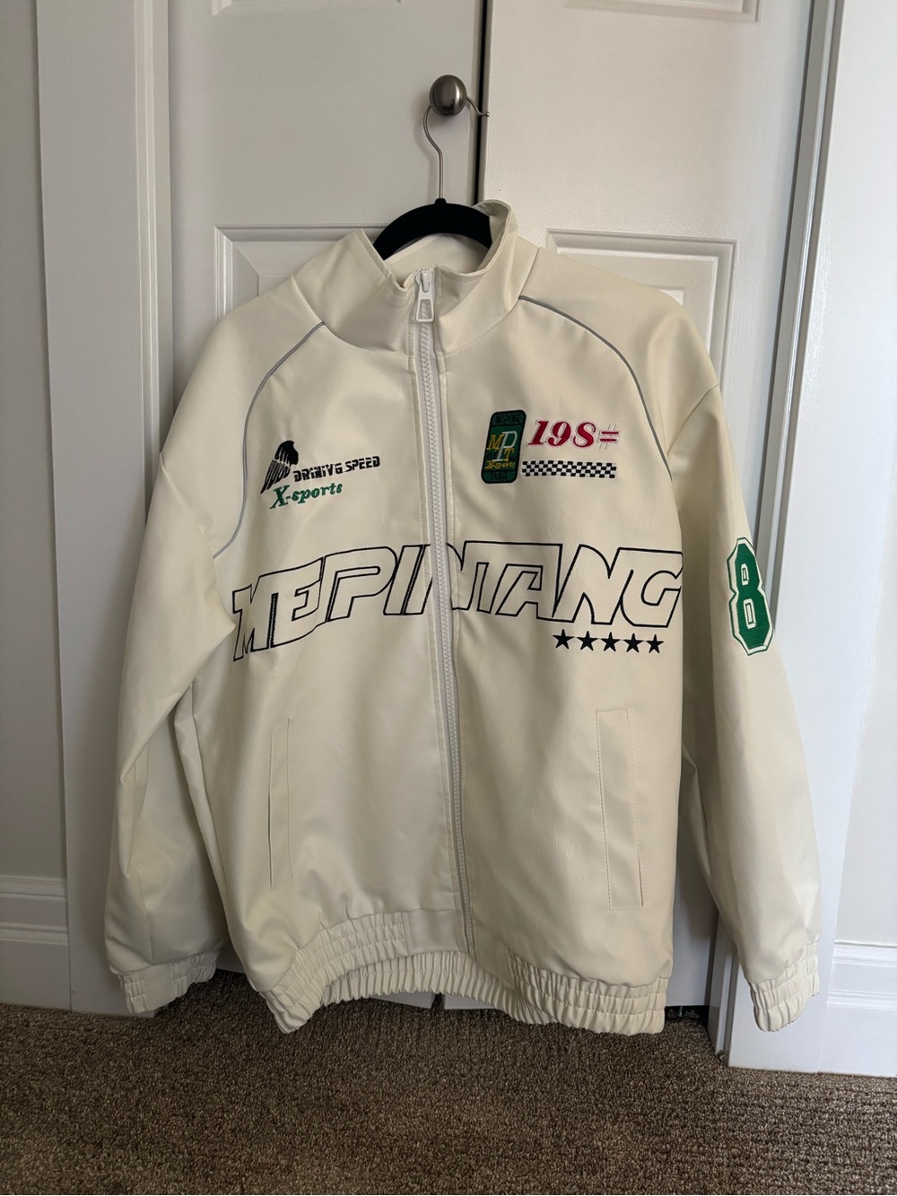 Kids Cream Racing Graphic Jacket with Green Accent